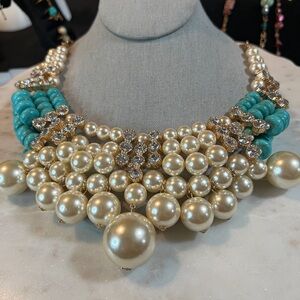 Statement piece necklace faux pearls and dyed howlite, with earrings. 24” approx
